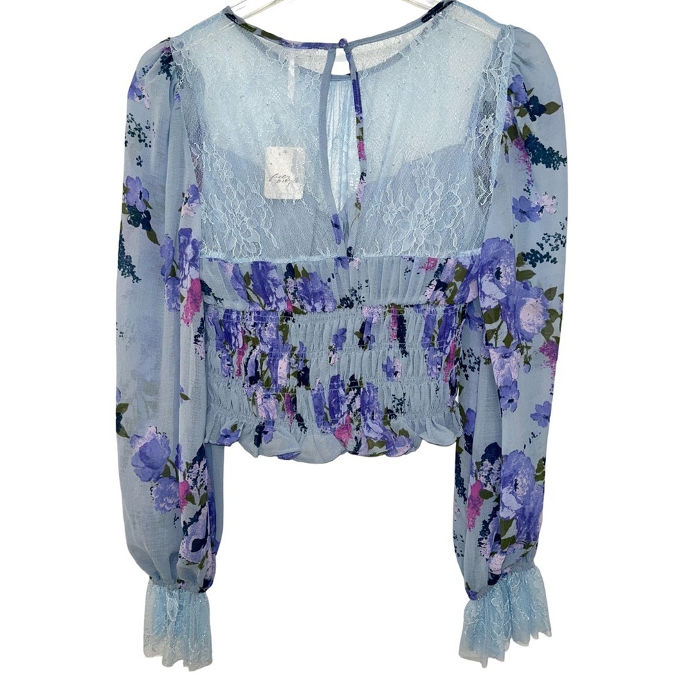 Free People Daphne Floral Lace Blouse Blue Combo NWT Small - Picture 7 of 13